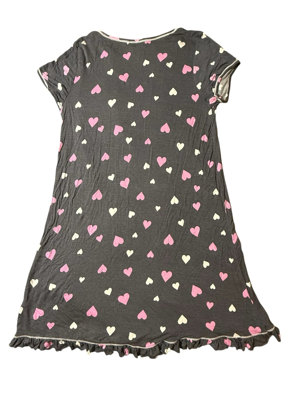 Layla 1X Plus Size Sleep Shirt Nightgown Heart Print Ruffle Hem Mesh Trim Soft - Picture 3 of 3